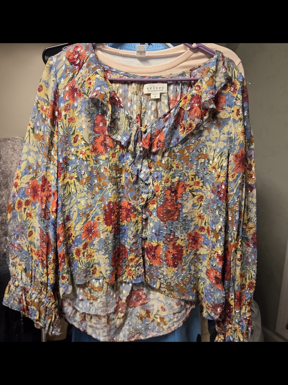 Velvet Floral Ruffle Button-Front Blouse in Blue and Red